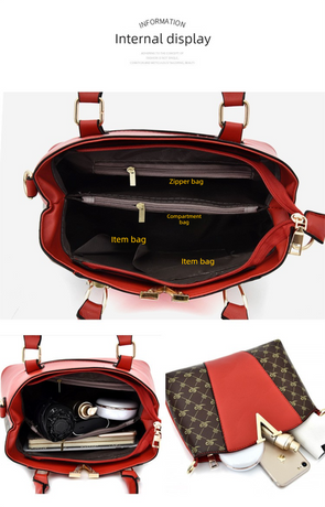 2 PCS Women's Handbag Set PU Leather Tote & Crossbody Purse Fashion Splicing Design Red