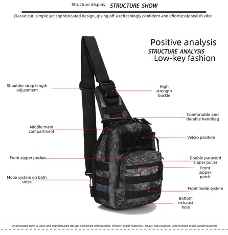 Tactical Sling Bag Black Python Camo 600D Waterproof Crossbody Backpack MOLLE EDC Shoulder Pack for Urban Outdoor