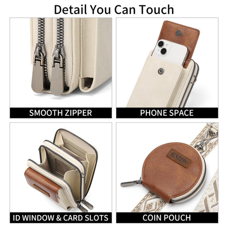 Women's Crossbody Phone Bag with Coin Pouch PU Leather Shoulder Purse Adjustable Wide Strap for Travel & Daily Use White & Brown