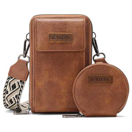 Women's Crossbody Phone Bag with Coin Pouch PU Leather Shoulder Purse Adjustable Wide Strap for Travel & Daily Use Brown