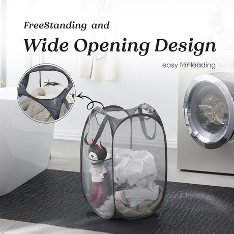 2 PCS Mesh Pop Up Laundry Hamper Collapsible Washing Basket with Side Pocket & Reinforced Handles Portable Dirty Clothes Bin for Dorm Travel & Toy Storage (Black & Grey)
