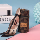 Women's Mini Cylinder Lipstick Case Keychain Brown Geometric Triangle Pattern Coin Purse with Silk Scarf Bag Charm for Earphones Keys