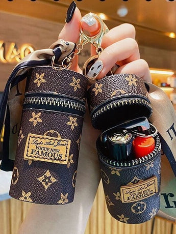Women's Mini Cylinder Lipstick Case Keychain Brown Geometric Triangle Pattern Coin Purse with Silk Scarf Bag Charm for Earphones Keys