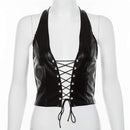 Women's Faux Leather Halter Crop Top Sexy Lace Up Deep V Camisole Gothic Punk Rave Festival Clubwear (Black, Size M)