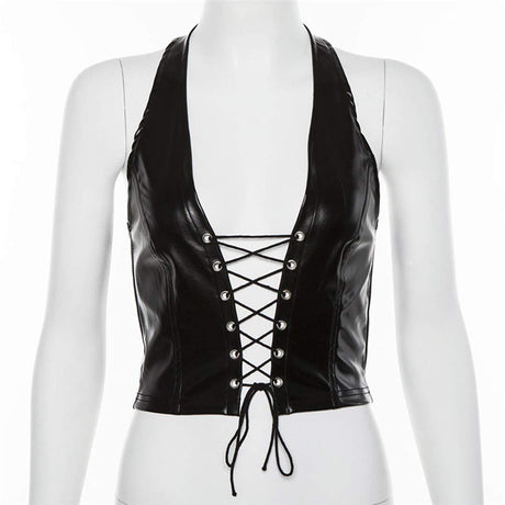 Women's Faux Leather Halter Crop Top Sexy Lace Up Deep V Camisole Gothic Punk Rave Festival Clubwear (Black, Size M)
