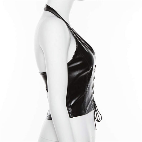 Women's Faux Leather Halter Crop Top Sexy Lace Up Deep V Camisole Gothic Punk Rave Festival Clubwear (Black, Size M)
