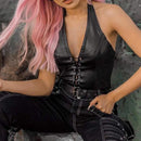 Women's Faux Leather Halter Crop Top Sexy Lace Up Deep V Camisole Gothic Punk Rave Festival Clubwear (Black, Size M)