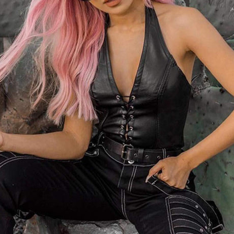Women's Faux Leather Halter Crop Top Sexy Lace Up Deep V Camisole Gothic Punk Rave Festival Clubwear (Black, Size M)