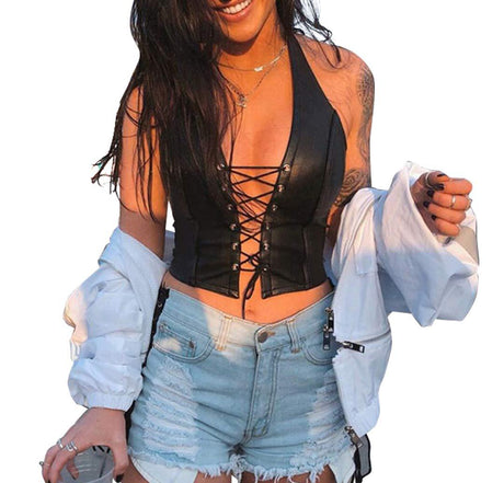 Women's Faux Leather Halter Crop Top Sexy Lace Up Deep V Camisole Gothic Punk Rave Festival Clubwear (Black, Size L)