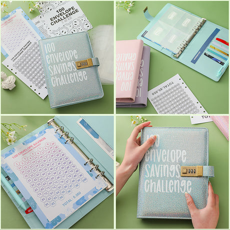 100 Envelope Savings Challenge Binder with Password Lock A5 Cash Stuffing Budget Planner Book Money Organizer for Couples (Pink)