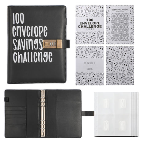 100 Envelope Savings Challenge Binder with Password Lock A5 Cash Stuffing Budget Planner Book Money Organizer for Couples (Black)