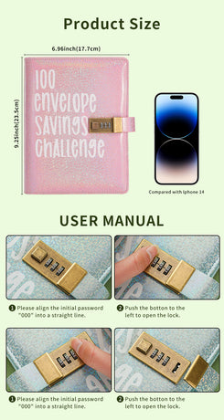 100 Envelope Savings Challenge Binder with Password Lock A5 Cash Stuffing Budget Planner Book Money Organizer for Couples (Blue)