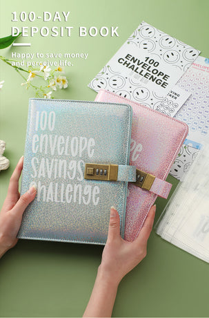 100 Envelope Savings Challenge Binder with Password Lock A5 Cash Stuffing Budget Planner Book Money Organizer for Couples (Purple)