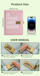 100 Envelope Savings Challenge Binder with Password Lock Holographic Pink A5 Cash Stuffing Budget Planner Book Money Organiser for Couples (Glitter Pink)