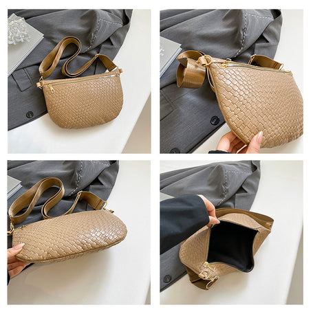 Women's Woven Crossbody Dumpling Bag Soft Vegan Leather Chest Waist Pack with Wide Adjustable Strap for Travel & Festivals (Brown)
