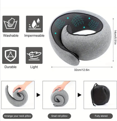 Memory Foam Travel Neck Pillow 360 Support Adjustable Snail Shape Chin Rest for Long Haul Flights Car & Office Portable with Storage Bag (Navy Blue)