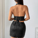 Womens Sexy PU Leather Halter Crop Top Deep V Neck Backless Faux Leather Vest Button Front Pointed Hem Clubwear Black XS