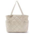 Womens Puffer Tote Bag Quilted Nylon Shoulder Handbag Large Capacity Laptop Work Travel Gym Carryall Bag with Zipper Beige
