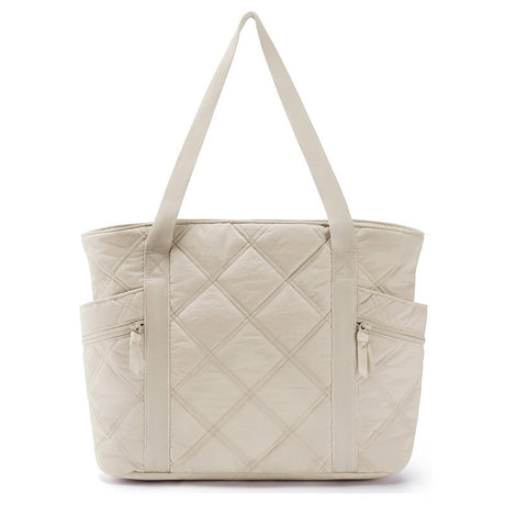 Womens Puffer Tote Bag Quilted Nylon Shoulder Handbag Large Capacity Laptop Work Travel Gym Carryall Bag with Zipper Beige
