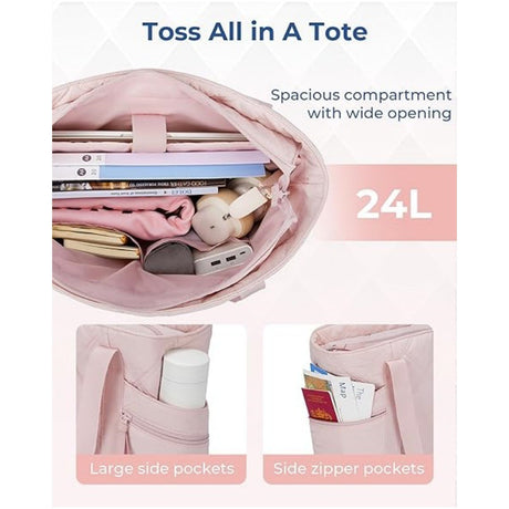 Womens Puffer Tote Bag Quilted Nylon Shoulder Handbag Large Capacity Laptop Work Travel Gym Carryall Bag with Zipper Beige