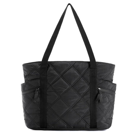 Womens Puffer Tote Bag Quilted Nylon Shoulder Handbag Large Capacity Laptop Work Travel Gym Carryall Bag with Zipper Black
