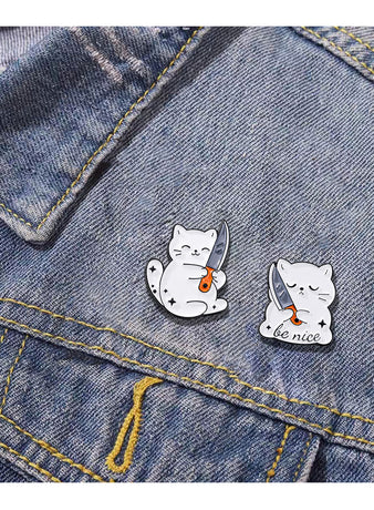 4 PCS Funny White Cat with Knife Enamel Pins Set Cute Cartoon Lapel Badge Brooch for Backpacks Denim Jackets Sassy Aesthetic Gift