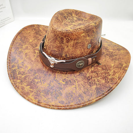Retro Western Cowboy Hat Khaki Distressed Crackle Finish Bull Head Emblem Wide Brim Sun Protection Outback Bush Hat for Men Women L 58-60cm