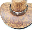 Retro Western Cowboy Hat Khaki Distressed Crackle Finish Bull Head Emblem Wide Brim Sun Protection Outback Bush Hat for Men Women L 58-60cm