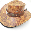 Retro Western Cowboy Hat Khaki Distressed Crackle Finish Bull Head Emblem Wide Brim Sun Protection Outback Bush Hat for Men Women L 58-60cm