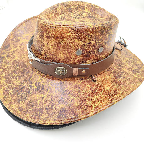 Retro Western Cowboy Hat Khaki Distressed Crackle Finish Bull Head Emblem Wide Brim Sun Protection Outback Bush Hat for Men Women L 58-60cm