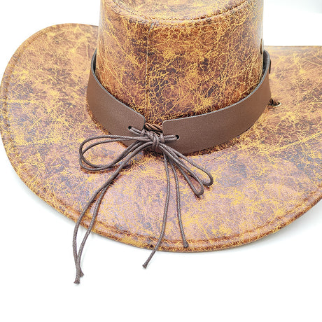 Retro Western Cowboy Hat Khaki Distressed Crackle Finish Bull Head Emblem Wide Brim Sun Protection Outback Bush Hat for Men Women L 58-60cm