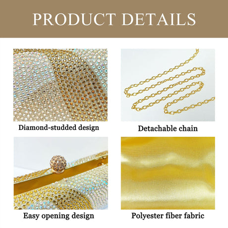 Luxury Gold Crystal Evening Clutch Bag Gradient Rhinestone Hard Case Purse with Detachable Chain for Wedding Prom Cocktail Party Fits Smartphone