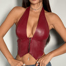 Womens Sexy PU Leather Halter Crop Top Deep V Neck Backless Faux Leather Vest Button Front Pointed Hem Clubwear Burgundy S