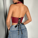 Womens Sexy PU Leather Halter Crop Top Deep V Neck Backless Faux Leather Vest Button Front Pointed Hem Clubwear Burgundy L