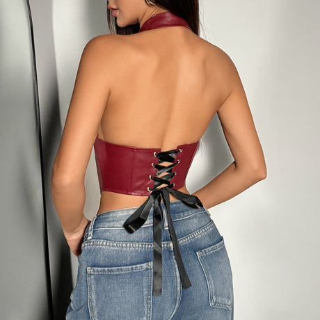 Womens Sexy PU Leather Halter Crop Top Deep V Neck Backless Faux Leather Vest Button Front Pointed Hem Clubwear Burgundy XS