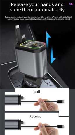 4-in-1 Retractable Car Charger Adapter 120W Dual Type-C Cables Starry Sky Projector Fast Charging for iPhone 15/16 Samsung Pixel