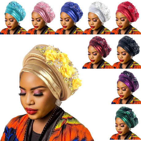 Women's Luxury Green Turban Hat with Beaded Floral Embellishments Pre-Tied African Style Headwrap for Weddings Parties & Special Occasions
