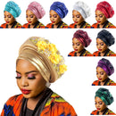 Women's Luxury Navy Blue Turban Hat with Beaded Floral Embellishments Pre-Tied African Style Headwrap for Weddings Parties & Special Occasions