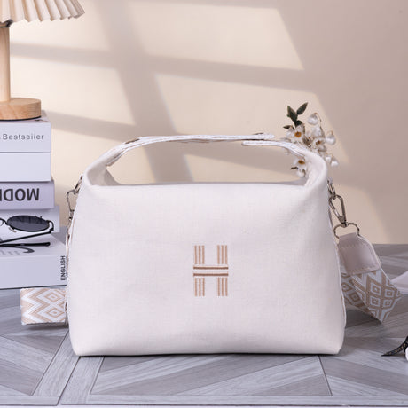 Women's Minimalist Canvas Crossbody Bag with Wide Beige Webbing Strap Casual Shoulder Handbag Large Capacity for Daily Use - Cream White
