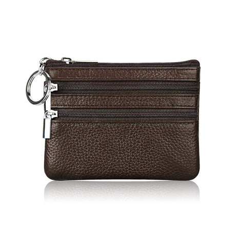 Genuine Leather Coin Purse Mini Wallet with Triple Zipper Pockets Key Ring Holder Pouch for Cash & Cards - Coffee