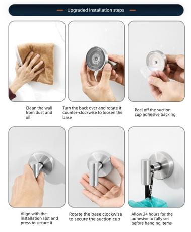 Matte Silver T-Bar Suction Cup Hook Stainless Steel Vacuum Wall Hanger No Drill Robe Towel Holder for Bathroom Kitchen - Heavy Duty
