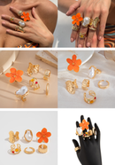 6-Piece Gold Chunky Stackable Ring Set Yellow Enamel Flower & Baroque Pearl - Adjustable Open Finger Jewellery for Women (Light Gold)