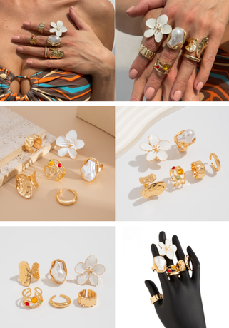 6-Piece Gold Chunky Stackable Ring Set Yellow Enamel Flower & Baroque Pearl - Adjustable Open Finger Jewellery for Women (Light Gold)