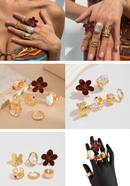 6-Piece Gold Chunky Stackable Ring Set Deep Red Enamel Flower & Baroque Pearl - Adjustable Open Finger Jewellery for Women (Light Gold)
