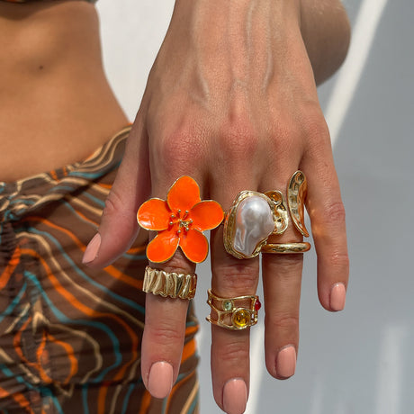 6-Piece Gold Chunky Stackable Ring Set Orange Enamel Flower & Baroque Pearl - Adjustable Open Finger Jewellery for Women (Light Gold)
