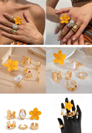 6-Piece Gold Chunky Stackable Ring Set Orange Enamel Flower & Baroque Pearl - Adjustable Open Finger Jewellery for Women (Light Gold)