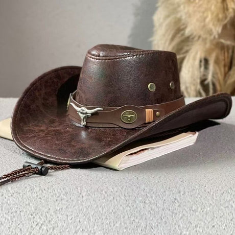 Rustic Western Cowboy Hat - Distressed Faux Leather Look Wide Brim Outback Sun Hat with Bull Head Emblem for Men & Women (Black)