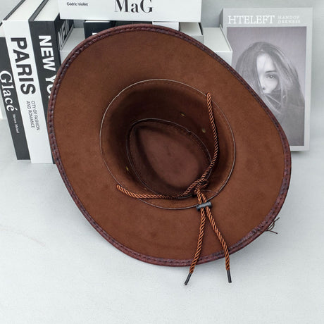 Rustic Western Cowboy Hat - Distressed Faux Leather Look Wide Brim Outback Sun Hat with Bull Head Emblem for Men & Women (Black)