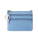 Genuine Leather Coin Purse Mini Wallet with Triple Zipper Pockets Key Ring Holder Pouch for Cash & Cards - Light Blue