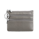 Genuine Leather Coin Purse Mini Wallet with Triple Zipper Pockets Key Ring Holder Pouch for Cash & Cards - Grey